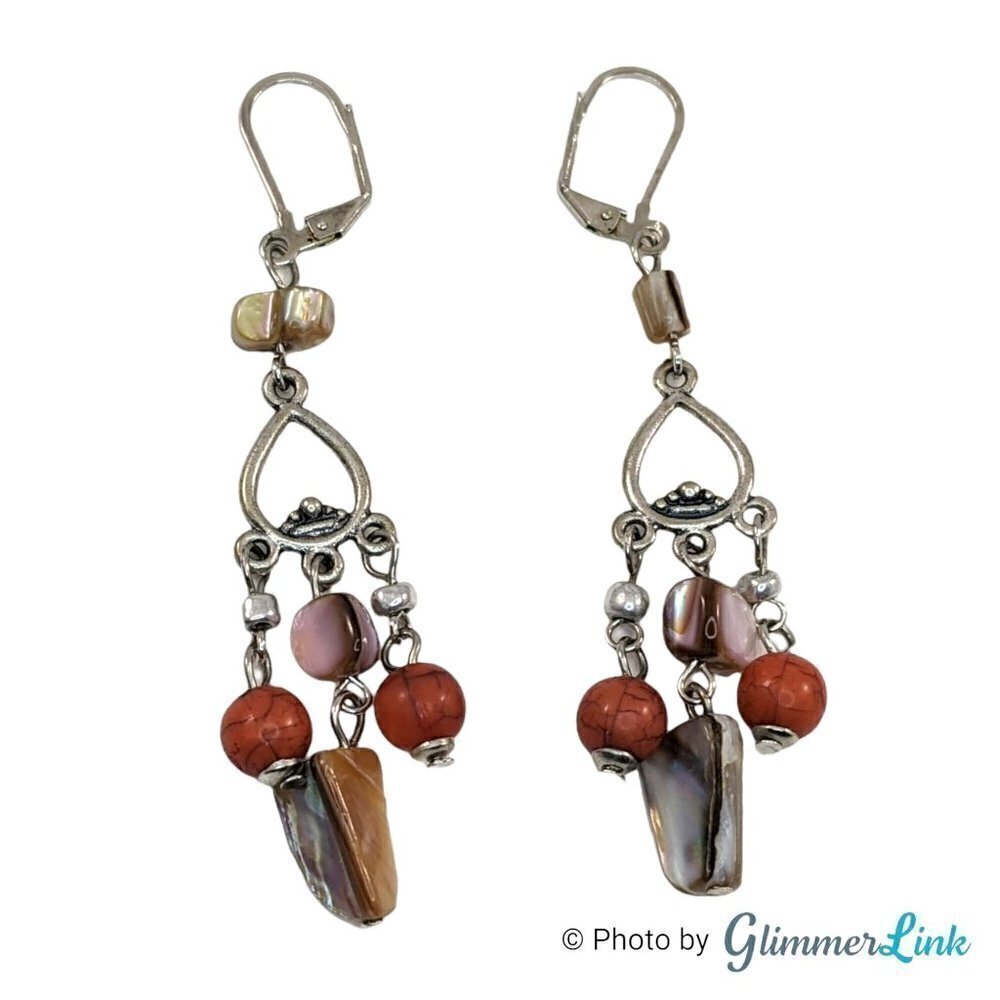 Bohemian Silver Tone Beaded Shell Chandelier Lever Back Pierced Earrings